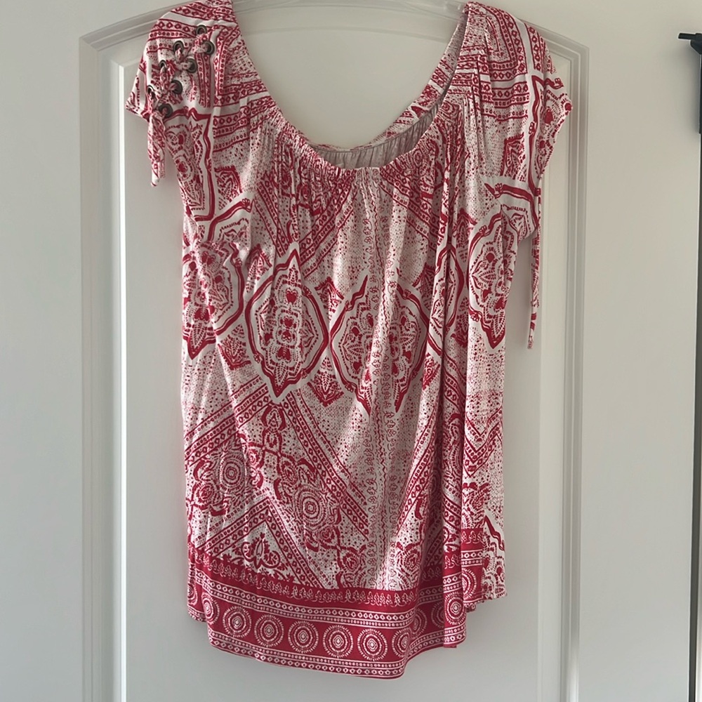 Red and white off the shoulder top